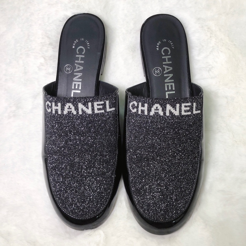 ❤️SOLD❤️CHANEL Glitter Fabric LOGO Flats Mules 35.5